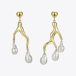 Dangle & Chandelier Metal Coral Irregular Pearl Drop Earrings For Women Gold Color Branches Statement Earings Fashion Jewelry E1090Dangle