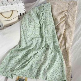 Pleated Button down Skirt Fresh Slide Split Fork Summer Dress Korean Version of Green Flower 210529