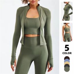 3PCS Womens Sportswear Yoga Set Workout Clothes Legging Seamless Fiess Bra Solid Color Long Sleeve Suit 220330