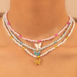 Bohemian Beaded Butterfly Choker Necklaces For Women Fashion Statement Lovely Enamel Colorful Butterfly Pendant Necklace Beach Jewelry