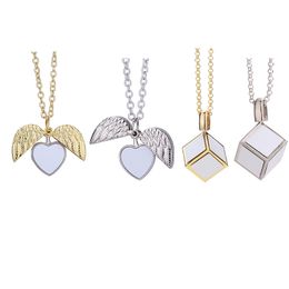 Romantic Sublimation Necklace Heat Transfer Pendant Round Angel Wings Necklace Metal Heart and Dice Pendants Car Decoration Couple Necklaces