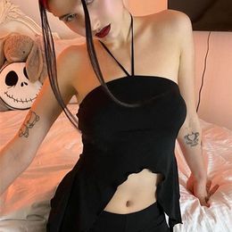 Sexy Crop Tops Black Tanks Strapless Vest Irregular Summer Y2K Top Women Club Outfits Halter Cami Top Backless Off Shoulder 220514