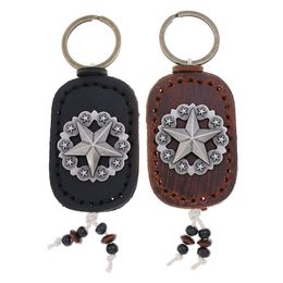 Keychains Vintage Antique Silver Colour Five-Pointed Star Leather Charm Car Punk Keyrings Male Female Trendy Jewellery Friends Gift
