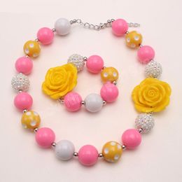 Kids Girls Flower Beads Necklace Bracelets Chunky Jewellery Set Cute Baby Elastic Bubblegum Bracelet For Child Party Gift