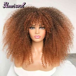 Short Hair Afro Kinky Curly Wigs With Bangs For Black Women African Synthetic Ombre Brown Cosplay Natural Blonde Glueless Wig 220707