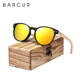 BARCUR Vintage Round Sunglasses Bamboo Temples Polarised Wood Sun glasses Men Women Shades 220513