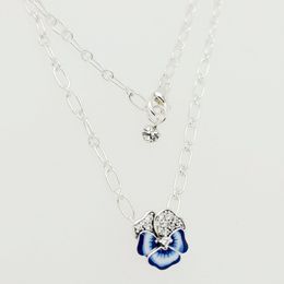 Blue Pansy Flower Pendant Necklace Authentic jewelry Designer pandora 925 Sterling silver Designer Necklace for women pendant set party birthday gifts 390770C01
