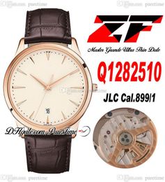 ZF Master Grande Ultra Thin Date Q128250 A899/1 Automatic Mens Watch Rose Gold Silver Dial Stick Markers Brown Leather Strap Super Edition Puretime E5