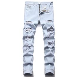 Streetwear Fashion Light Blue Ripped Jeans Men Skinny Slim Fit Hip Hop Denim Trousers Straight Casual Nostalgic Pants Pantalones