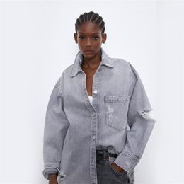 2019 ZA Fashion Women Denim Jacket Casual Coat Hole Manually Worn Out Vintage Loose Shirt Statement Street Autumn Winter New T200828