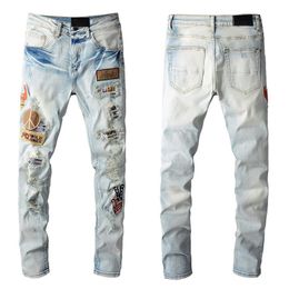 fashion brand denim Men's jeans hip hop high street retro designer motorcycle riding slim pants plus size print patch size 28~40 ripped embroidery trousers streetwear