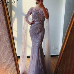Serene Hill Dubai Pink Luxury Long Sleeves Evening Gown With Cape Mermaid Beadings Sexy Fromal Party Wear Gown CLA70160 201114