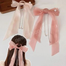 Pink Oversize Bow Hair Sticks Ribbon Bowknot With Tassel Headwear Long Lady Women Wedding Girls Spring Hair Accessories