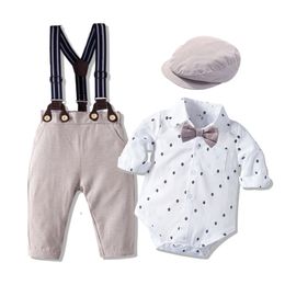 Romper Clothes Set For Baby Boy With Bow Hat Gentleman Printed Spring Suit Cotton Toddler Kids Bodysuit Infant Children Long 220326