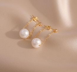 8-9mm Cross chain beads Stud Dangle & Chandelier Freshwater pearl Earrings white Lady/girl Fashion jewelry