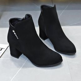 Boots Solid Black Autumn Winter Women Shoes Woman Ladies Zipper Crystal Diamond Square High Heels Ankle Plus Size 42