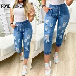 Women Solid Casual Elastic Waist Ripped Pocket Tape Skinny Denim Capris Jeans 220701