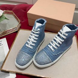 Miu high-quality sports shoes MIU classic casual shoes black, white and blue rhinestone flat bottom transparent rubber bottom brand lace-up crystal high-top shoes