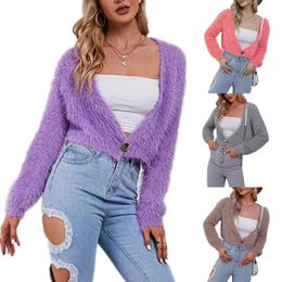 Women's Sweaters ASDS-Mohair Cardigans Women Tops Fall Women's Loose Casual V Neck Short Cardigan Top Long Sleeve Plush Knit SweaterWome