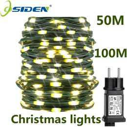 Christmas Lights Holiday Fairy Led 10M-100M Green PVC Waterproof Copper Wire EU Plug String Light Outdoor Garland Lamp For Tree 220408