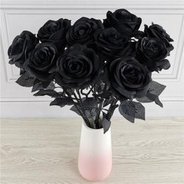 Decorative Flowers & Wreaths 10pcs Artificial Silk Roses 8-9cm Flower Head Bouquet Decroative Simulation Relastic Black Home Halloween Decor