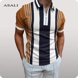 Plaid Striped Polo Shirt for Men Casual Short Sleeve s Patchwork Turn down Collar Zipper T Summer Tops 220714