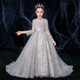 2022 luxury Princess Flower Girls Dresses For Wedding Off Shoulder Long Sleeves Lace Beads Tulle Puffy Ruffles Party Children For Birthday Girl Pageant Gowns