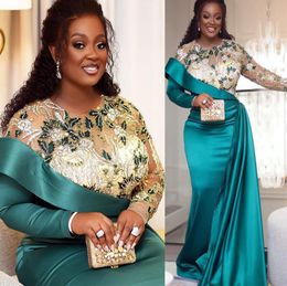 Aso Ebi Hunter Green Mermaid Prom Dresses Beaded Crystals Illusion long sleeve Evening Formal Party Second Reception Engagement Gowns Dress