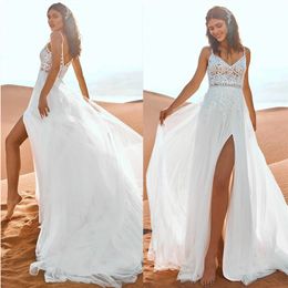 Boho A-Line Lace Appliqué Tulle Bröllopsklänning för Kvinnor Baklösa Ärmlös Split Sweep Train Bridal Gown Vestido de Novia Bes121