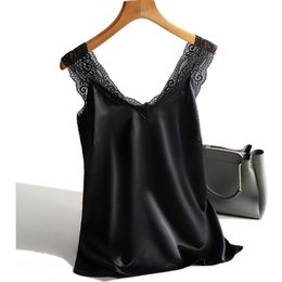 Lace Strap Silk Top Women Sexy V Neck Sleeveless WhiteVest Satin Elasticity Mesh Silk Tank Tops Women Basic Plus Size Camisole 220407