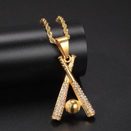 Pendant Necklaces Hip Hop Rhinestones Paved Gold Colour Stainless Steel Bat Ball Pendants Necklace For Men Rapper Jewellery Drop