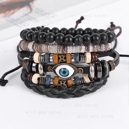 Beads 4pcs/set Leather Bracelets Evil Charm Eye Multilayer Wrap Bracelet Set Bangles Cuff Wristband Men Fashion Jewelry Sets Gift