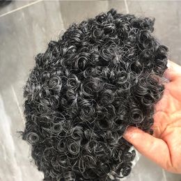 15MM Jet Black Curly Hair Men's Toupee Durable Man African American Wig Thin Skin Real Human Hair Replacement System Unit Prosthesis