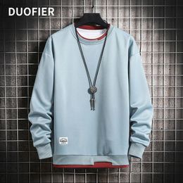 New Mens Casual Sweatshirts Long Sleeve Harajuku Hoodie Men Fake Two Pieces Colour O-neck Fashion Style Male Loose Sweater L220801
