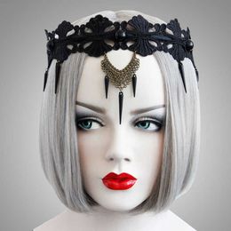 Black Punk Style Lace Headband with Pearls & Exaggerated Rivet Retro Halloween Accessories with Flowers for Girls