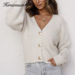 Hirsionsan Elegant Long Sleeve Mohair Sweater Women SingleBreasted Female Short Cardigan Soft Flexible Knitted Outwear 220816