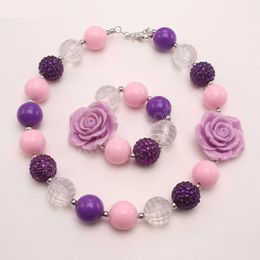 Flowers Beads Necklace Elastic Bracelets For Baby Girls Jewellery Set Cute Kids Rhinestones Chunky Necklace Gifts
