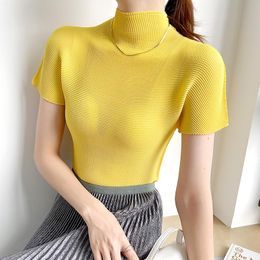 Women's T-Shirt Miyake Designer Ladies Pleated Top Bottoming Shirt Half High Neck Fashion Slim Solid Color Short SleevesWomen's