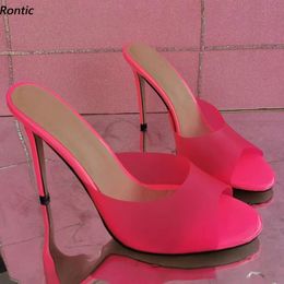 Rontic Handmade Women Mules Sandals Slippers Sexy Stiletto Heels Open Toe Pretty Fuchsia Beach Casual Shoes US Size 5-20