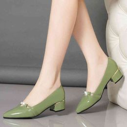 Dress Shoes Sandals Lacquer Leather Green Pumps Women Square Toes Shoe Casual Woman 2022 Slip On Shallow Mouth High Heels 220416