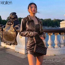 KLALIEN Fashion Casual Turn-down Collar Zipper Slim PU Leather Coat For Women Streetwear Short Jacket Solid Black Y2K Clubwear L220801
