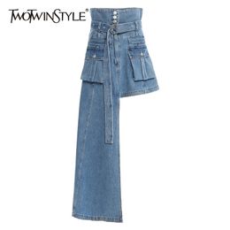 TWOTWINSTYLE Asymmetrical Skirt For Women High Waist With Sashes Irregular Casual Skirts Female Summer Fashion New Style 210331