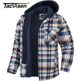 TACVASEN Men's Flannel Shirt Jacket with Removable Hood Plaid Quilted Lined Winter Coats Thick Hoodie Outwear Man Fleece Shirts 220401