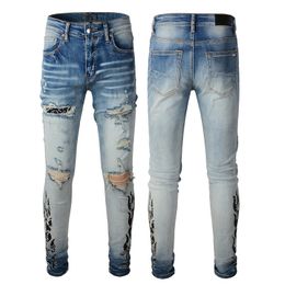 Designer Jeans For Man Skinny Pants Slim Fits Denim With Hole Knee Ripped Stretch Mens Biker Trousers Totem Patches Distressed Motorcycle Fit Long Straight Zipper