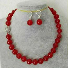 Natural 10mm Red Jade Round Gemstone Beads Necklace Earrings Set 18"