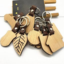 Wooden PU Leather Keychain For Men Women Heart Round Shape Pendant Key chain For Keys Holder DIY Jewellery Accessories Wholesale