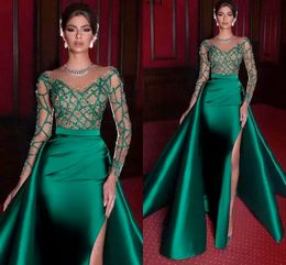 Elegant Mermaid Evening Dresses 2022 Green Formal Dress Long Sleeves Satin Sexy Slit Beads Party Prom Gowns vestidos de noiva Occasion Gowns