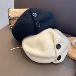 Berets Winter Beret Hats For Women Wool Button Solid Colour Fashion Female Beanies Girl Autumn Warm Gorros Brand Bonnet CapsBerets