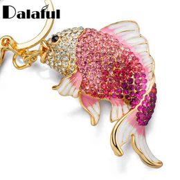 Dalaful Exquisite Enamel Crystal Fish Key Chains Holder Goldfish Bag Buckle HandBag Pendant For Car Keyrings KeyChains K239 AA220318