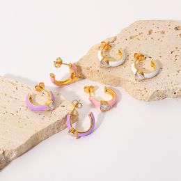 French 18K Gold Stainless Steel Oil Drip Earrings Hoop & Huggie Inlaid White Love Zircon Earrings Fashion